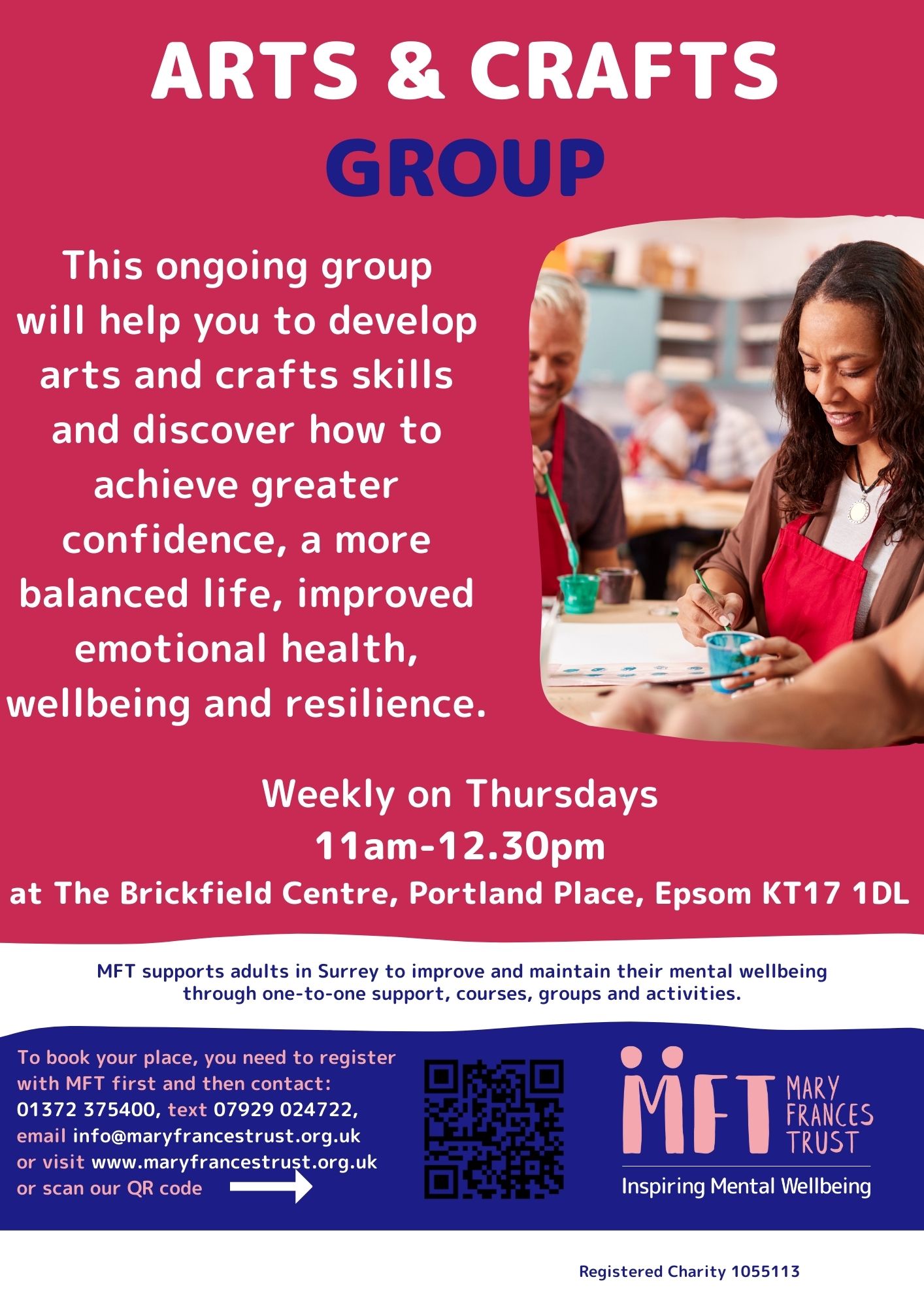 Arts & Crafts Group Epsom This poster gives information on Mary Frances Trust's Arts & Crafts in Epsom