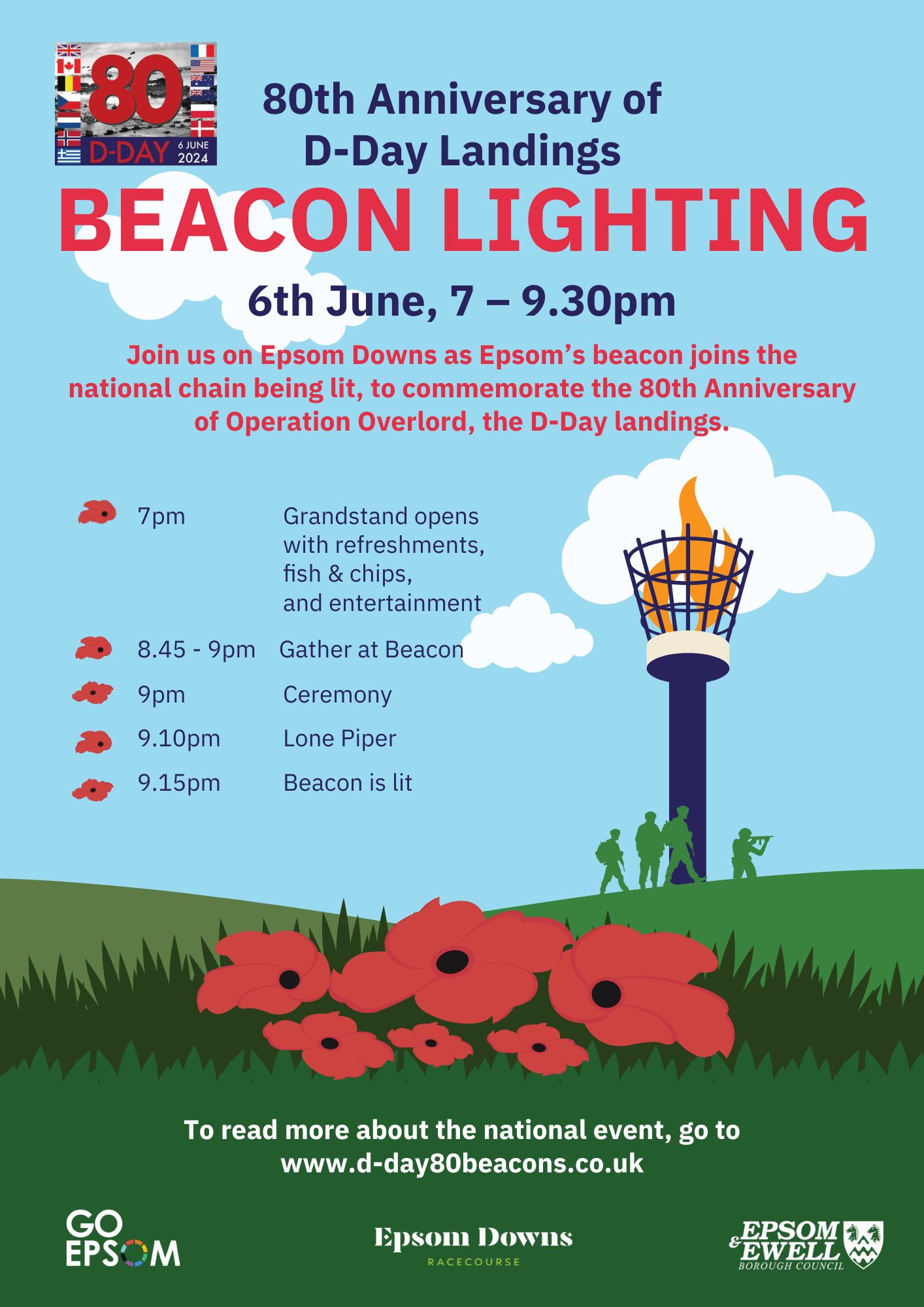 Beacon Lighting. Illustration of a field with poppies and a beacon lit in the background. There are army figures in front of the beacon. 