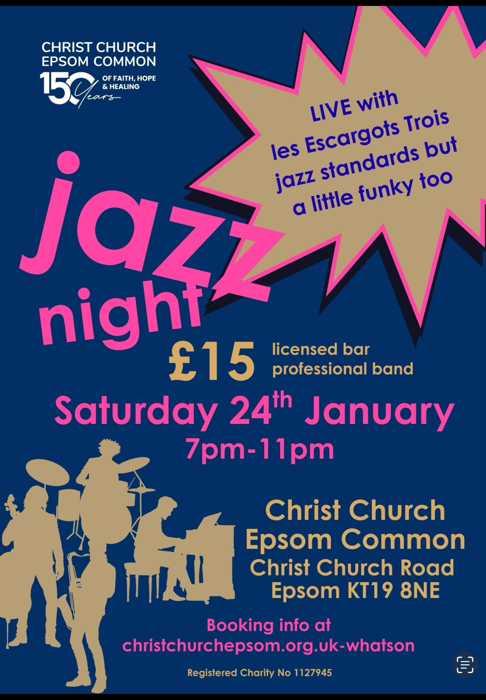 A blue poster with pink writing that says Jazz Night £15