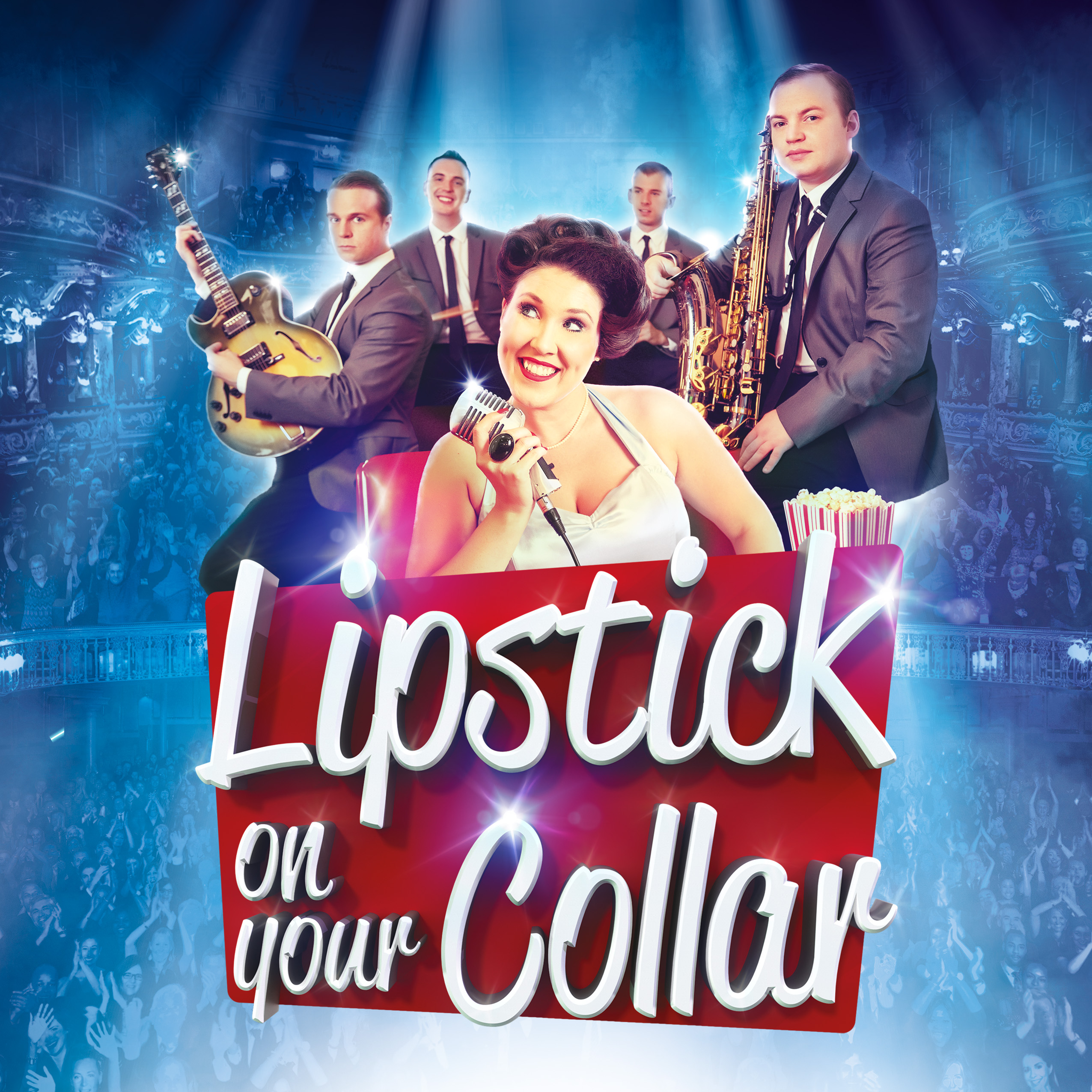 Lipstick On Your Collar flyer. Female singer and band in 50s style.