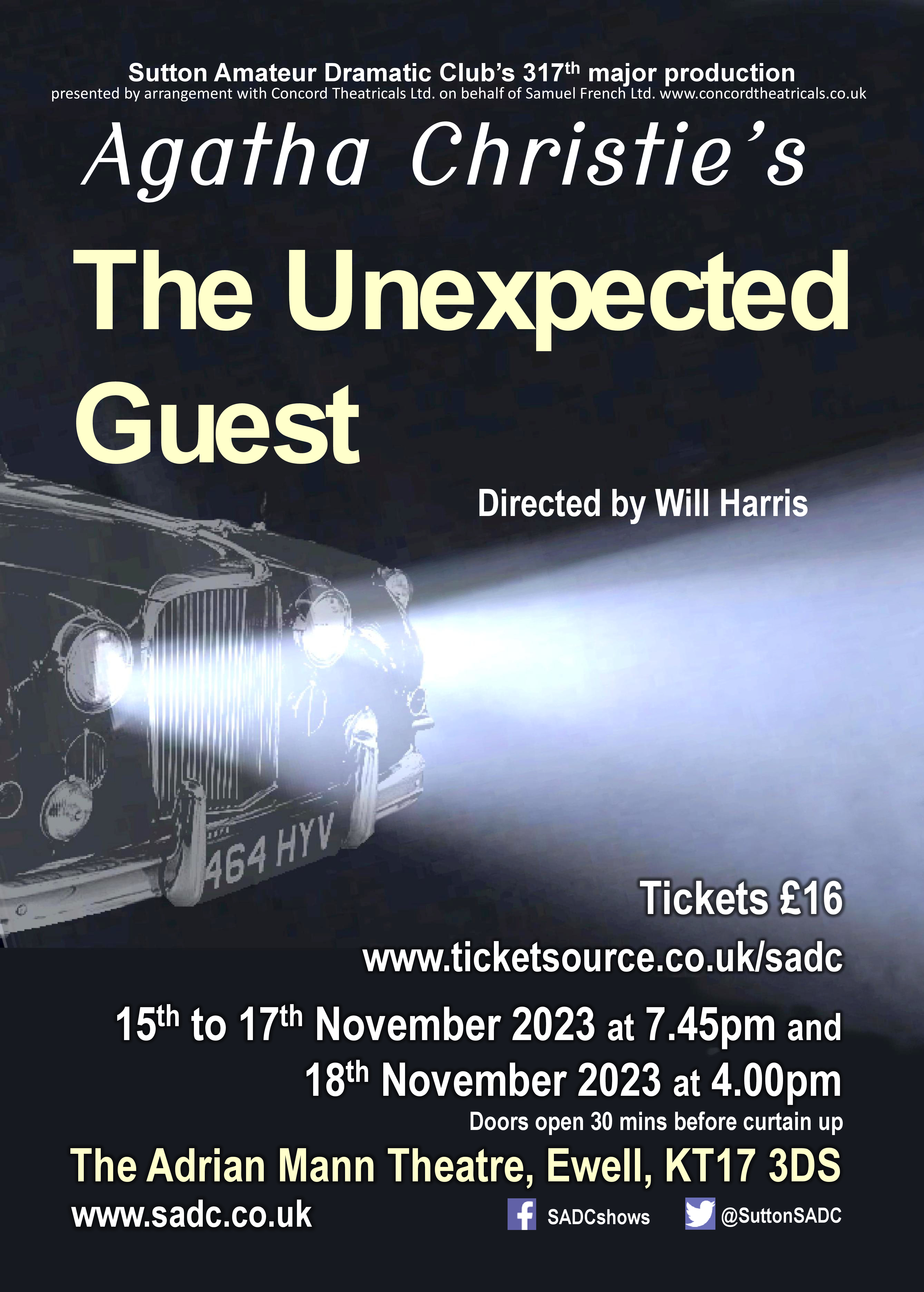 Poster image for The Unexpected Guest by Agatha Christie - a car's headlights loom out of the fog