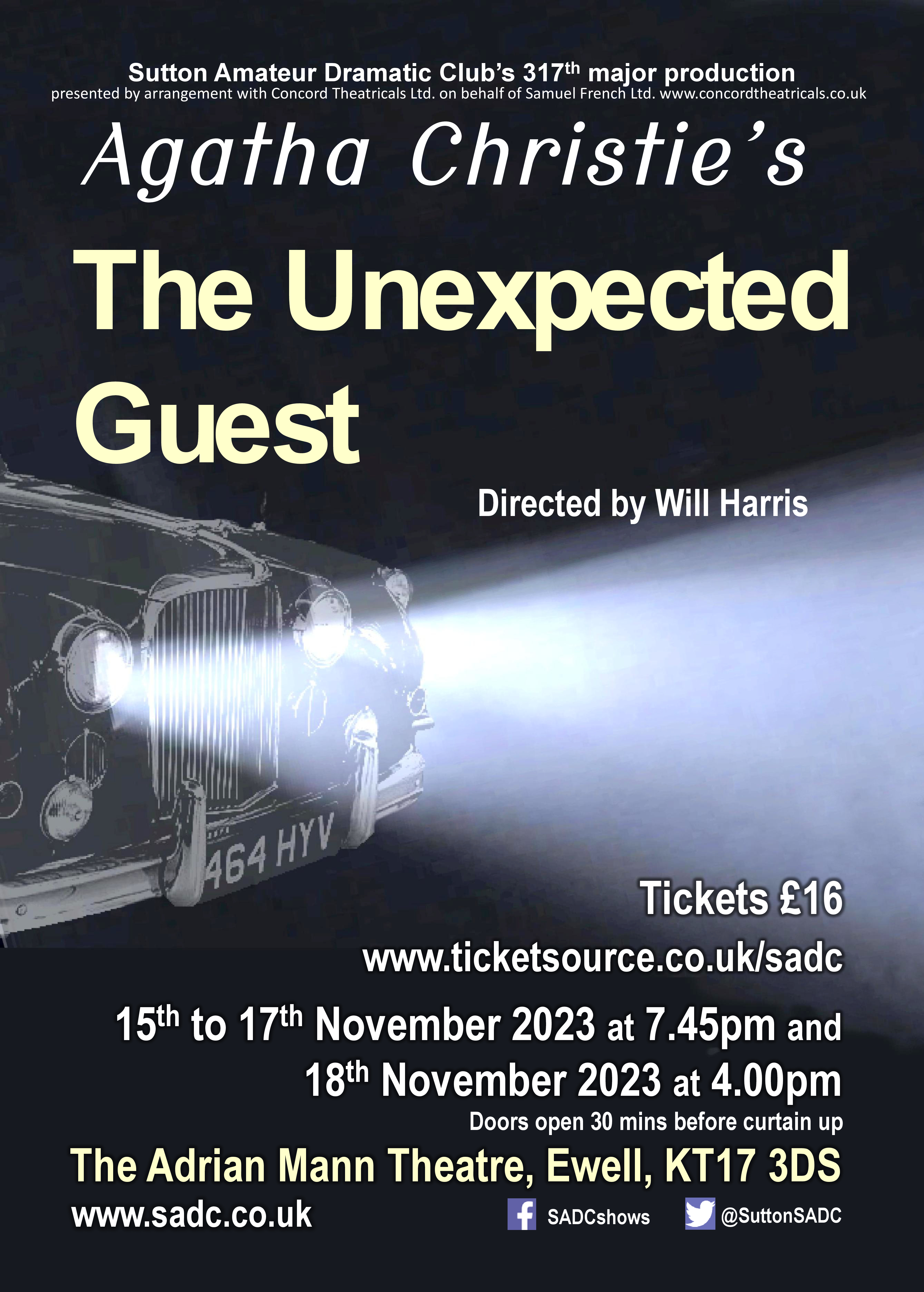 A car's headlights loom out of the fog Poster for The Unexpected Guest - a car's head lights loom out of the fog