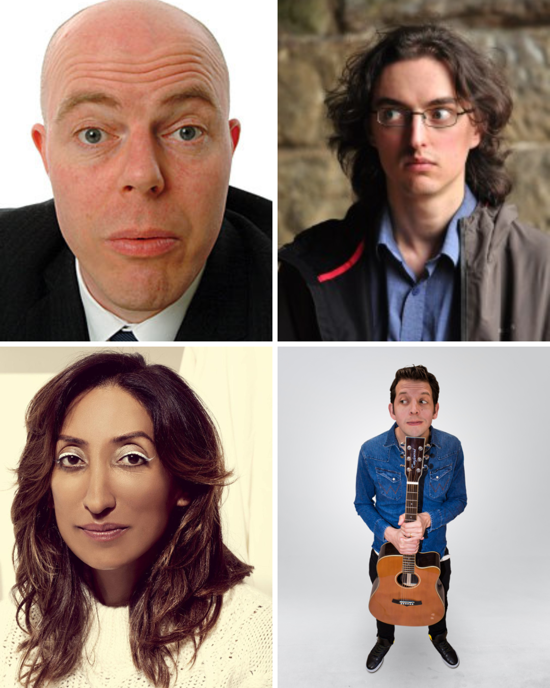 four portrait photos in a grid. shows the four named comedians - Roger Monkhouse, Peter Brush, Shazia Mirza, Jonny Awsum.