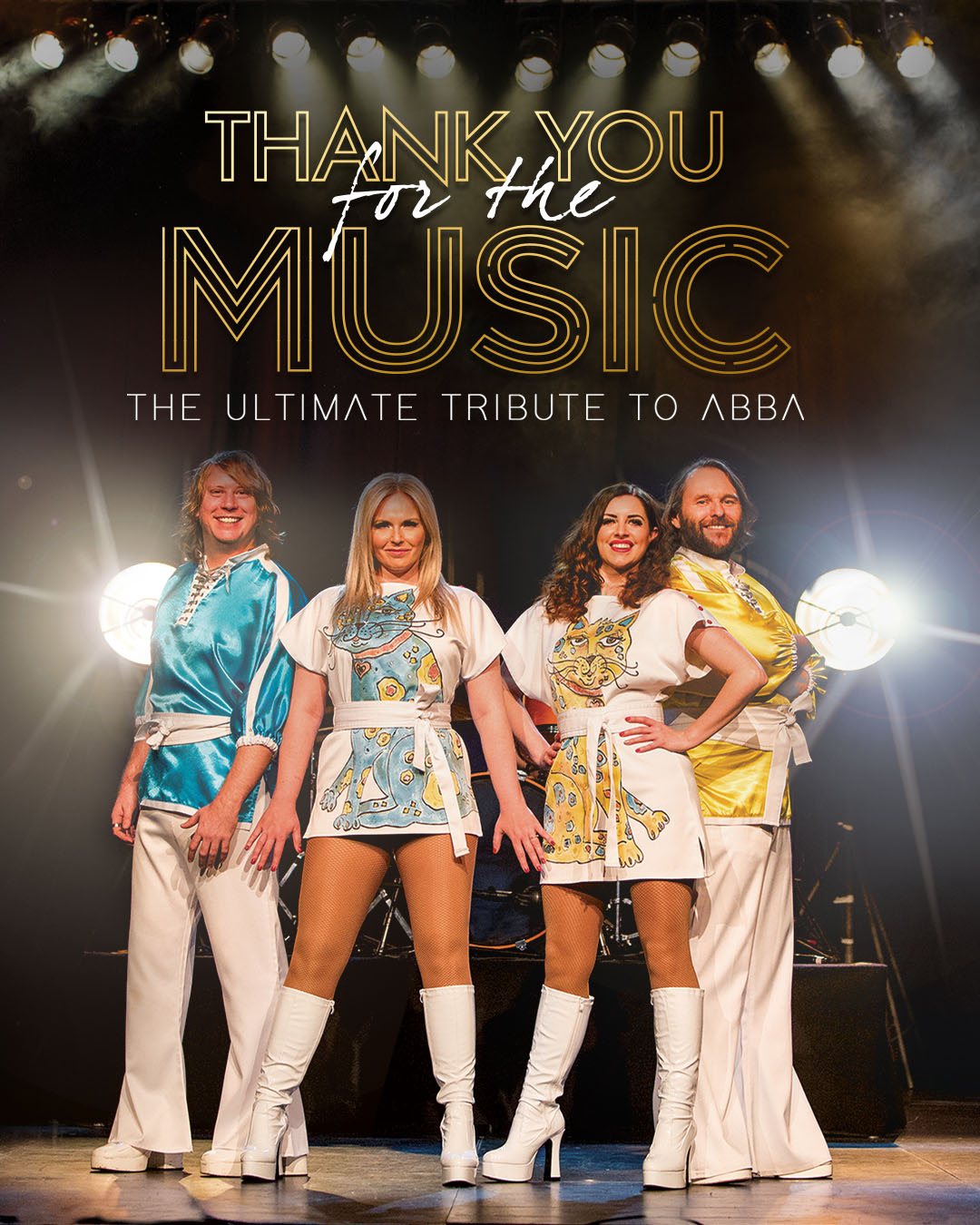 flyer for the event thank you for the music, the ultimate tribute to Abba. features the performers on a lit stage