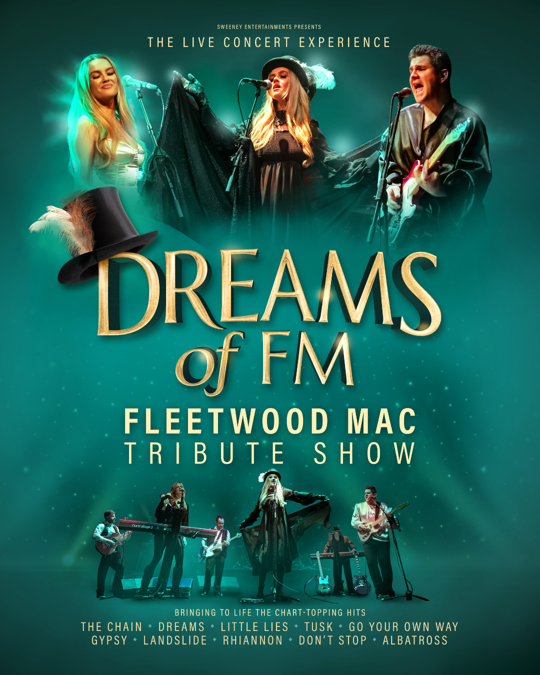 flyer for the event Dreams of FM, Fleetwood Mac Tribute Show. features action shots of the performers against a green background