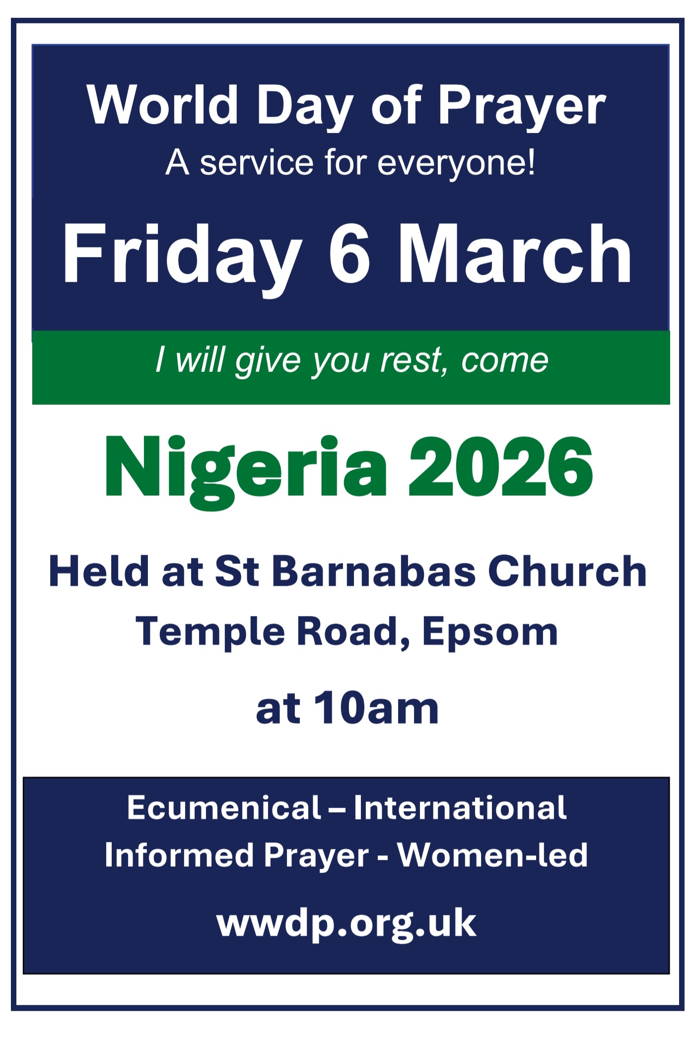 World Day of Prayer Service poster that says Friday 6 March at 10am at St Barnabas Church, Epsom 