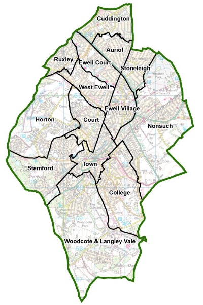 A map showing the new wards for Epsom and ewell
