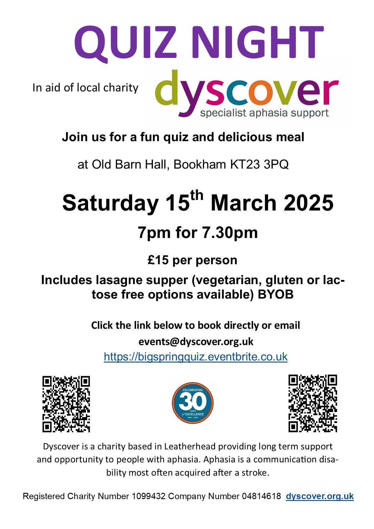 Join our Charity Quiz Night Charity quiz night 15th March 2025 in Bookham